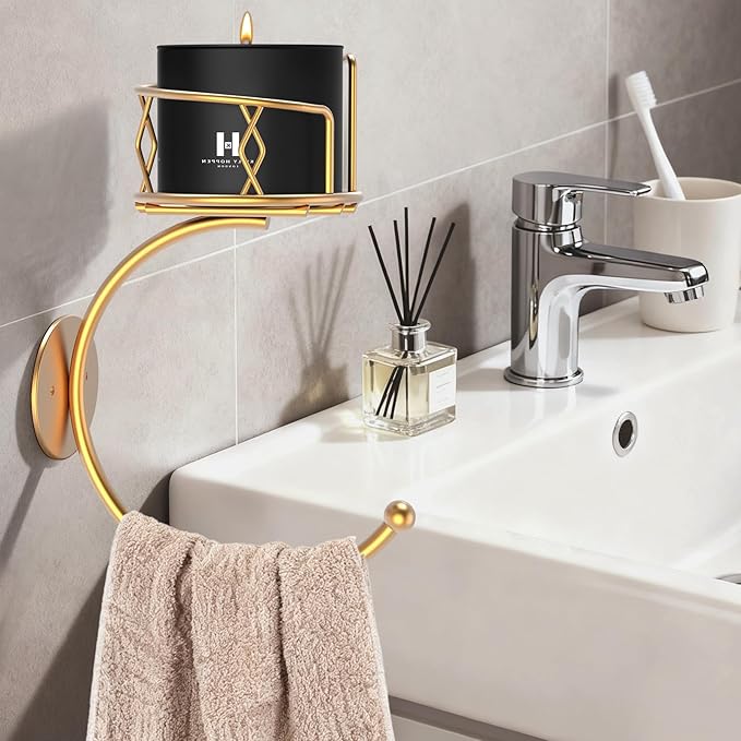 Vintage Towel Hook with Exquisite Candle Holder, Metal Sturdy Wall-Mounted Hand Towel Holder for Bathroom, Hand Towel Racks/Robe Hanger for Bathroom Decor Accessories(Gold)