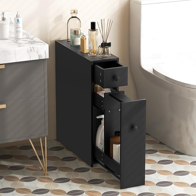 Tangkula Slim Bathroom Cabinet, Free-Standing Storage Cabinet with Slide Out Drawers, Narrow Floor Home Organizer Next to Toilet, Bathroom Toilet Paper Holder, 19 x 6.5 x 23 Inch (Black)