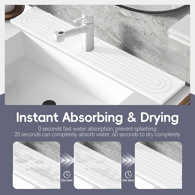 Absorbent faucet mat for Kitchen Sink - Water Absorbing Stone Tray for Sink, Diatomite Fast-Drying Faucet Mat,Faucet Splash Guard for Kitchen,Bathroom Sink (White, 15.8" x 3.9")
