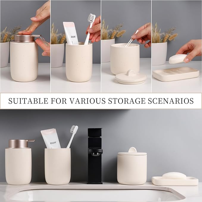 BosilunLife Ceramic Bathroom Accessories Sets Complete Bathroom soap Dispenser and Toothbrush Holder Set (Apricot-Liquid)