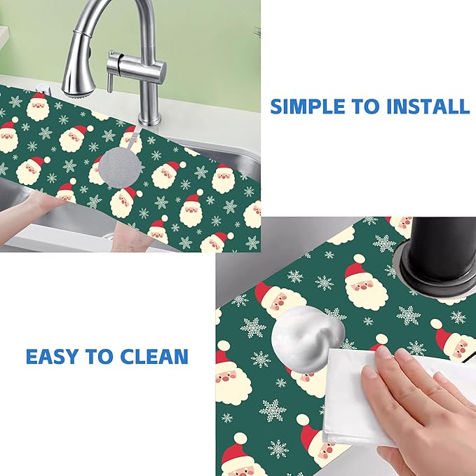 Christmas Kitchen Sink Splash Guard Mat Santa Claus and Snowflakes Sink Splash Guard Faucet Mat Draining Mat Fast Drying Sink Protectors for Kitchen and Bathroom 5.5"×24"