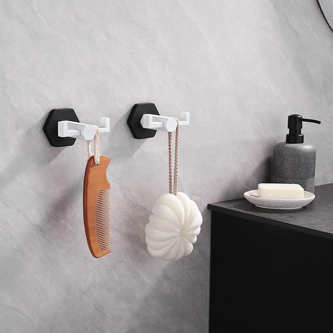 GERZWY White & Black Bathroom Double Towel Hook Stainless Steel Coat/Robe Clothes Hook for Bath Kitchen Modern Hotel Style Wall Mounted 2 Pack