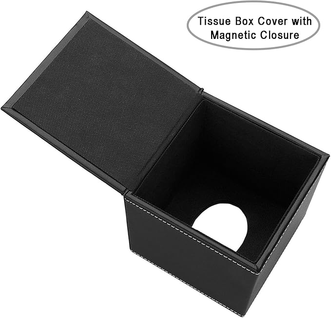 KINGFOM Square Pu Leather Tissue Box Cover, Modern Facial Tissue Holder, Roll Tissues Paper Case Dispenser for Bathroom Vanity Countertop, Night Stands, Office Desk & Car(Black)