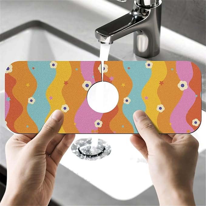 Faucet Draining Mat For Kitchen Sink, Rainbow Flowers Diatom Mud Absorbent Drain Pad For Bathroom Kitchen Sink Splash Guard Drying Mat