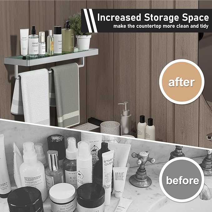Bathroom Shelves Glass Bathroom Shelf with Towel Bar, Floating Shelves for Living Room/Study Room Tempered Glass Rectangular 1 Tier Organizer Wall Shelf (Chrome Polished, 20'')