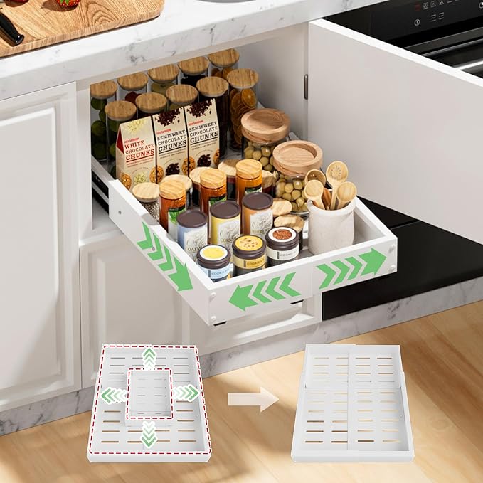 1 Pack Pull out Cabinet Organizer, Width (10"-16") Depth (17"-25"), with 3 Rails Adjustable Slide, Expandable Pullout Drawers for Cabinets, No Drill Adhesive Kitchen Drawers for Pantry Shelves