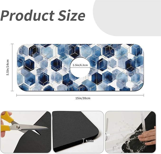 Kitchen Sink Splash Guard，Watercolor blue hexagon Faucet Mat Sink Gadgets-Super Absorbent Fast Drying Mat Drip Catcher for Kitchen, Bathroom,Sink Mat, Dish Drying Mat, Bathroom(15" X 5.5" )