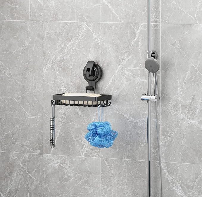 Soap Holder Shower, Suction Cup Soap Dish for Shower with 4 Hooks, 304 Stainless Steel, Black
