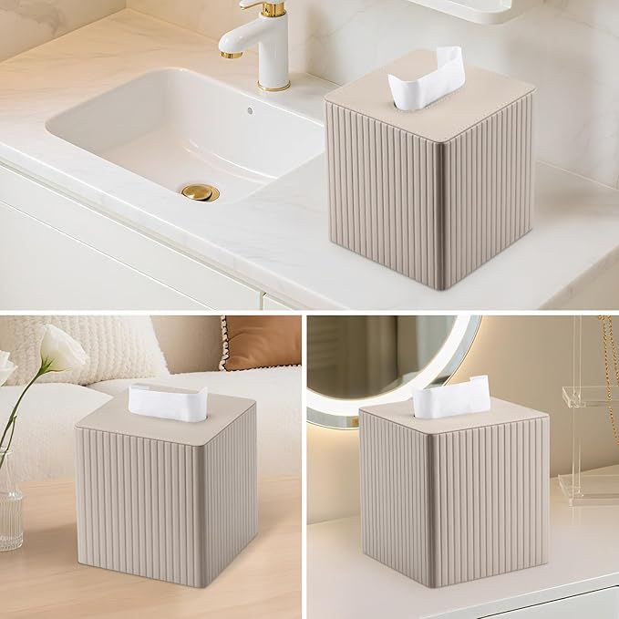 KINGFOM Tissue Box Cover, PU Leather Square Tissue Box Holder for Kleenexs with Magnetic Bottom Cover for Facial Tissues/Napkins, Office & Living Room Decor Box (Beige Strips)