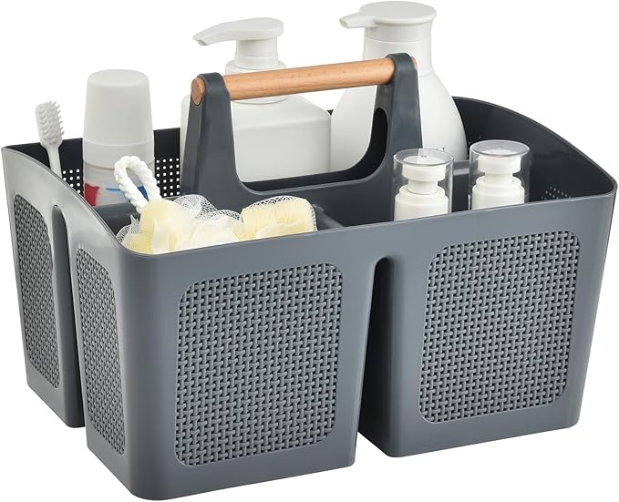 ALINK Portable Shower Caddy Basket with Compartments, Plastic Divided Cleaning Caddy Organizer Storage Tote with Handle for Bathroom, College, Dorm Room Essentials, Dark Gray