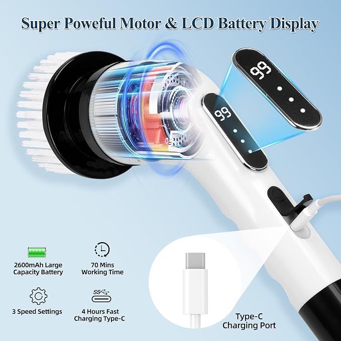 Electric Spin Scrubber, Cordless Cleaning Brush Scrubber for Home 9 Replaceable Brush Heads with Extension Handle, 3 Speeds for Bathroom Shower Bathtub Glass Car