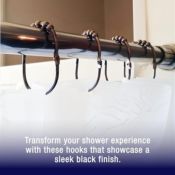 2 Lb. Depot Wide Shower Curtain Ring - Set of 12 Easy Glide and Rust-Proof Rollers - Stainless Steel Shower Curtain Hooks Black for Straight and Curved Rods - Decorative and Durable for Any Bathroom