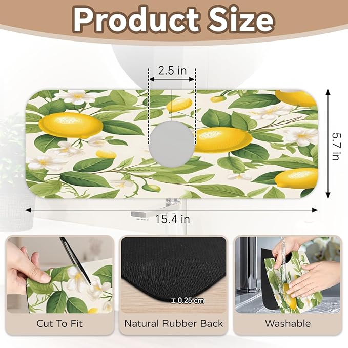 Lemon Blossom Pattern Kitchen Faucet Mat Splash Guard, 15.4”x5.7” Absorbent Quick Drying Sink Mat for Countertop Protection, Draining Mat Sink Protectors For Kitchen Bathroom, 2 Pack