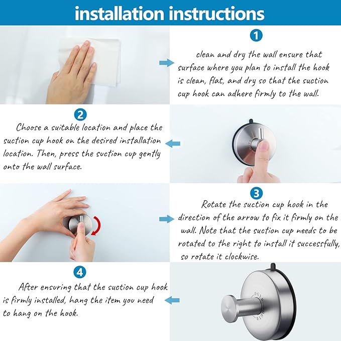 DGYB Suction Cup Hooks Set of 4 Brushed Nickel Towel Hooks for Bathrooms Waterproof Stainless Shower Hooks for Inside Shower 15 Lb Bathroom Hooks for Towels