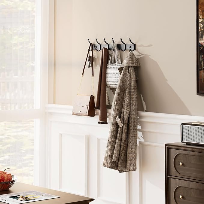 Black Coat Rack Wall Mount - 15 Inch Arc Shaped Design with 6 Hooks for Hanging Coats, Bags, and Towels in Entryway, Livingroom, Bedroom, Bathroom, and Kitchen, 2 Pack