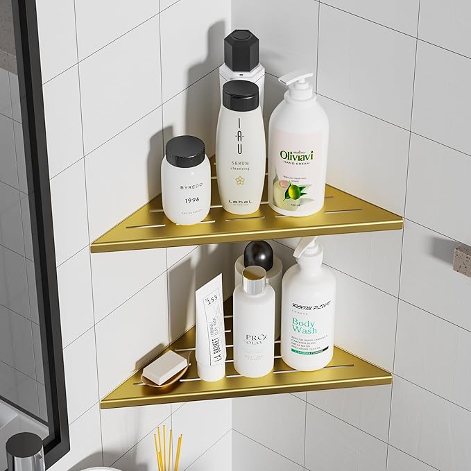 Neodrain 12 Inch Golden Corner Shower Shelves,Set of 2, Corner Shelf for Tile Wall Insert, 304 Stainless Steel Shower Storage Shelves for Bathroom,No Drilling