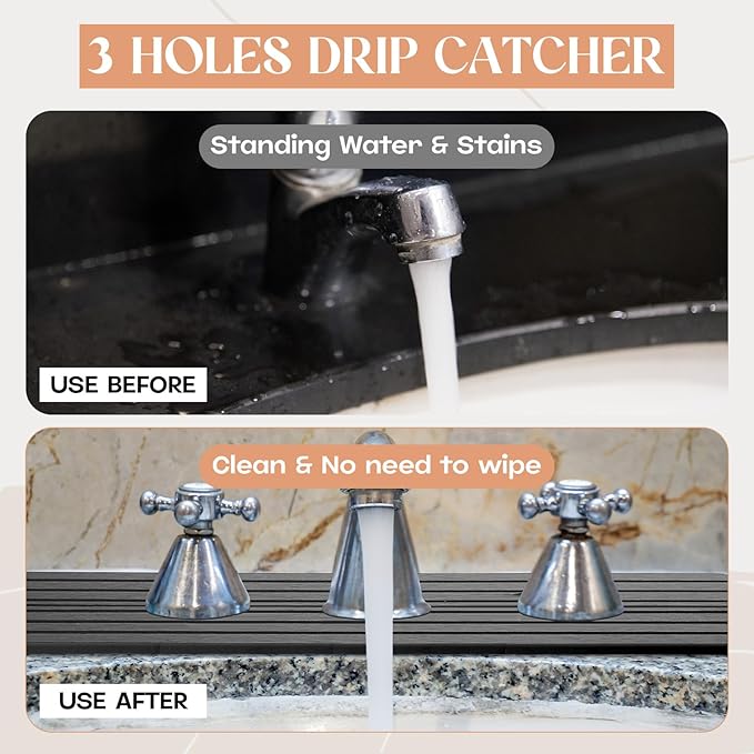 3 Hole Gray Faucet Mat for Kitchen Sink 16.1 x 5 Kitchen Faucet Absorbent Mat Diatomite Splash Guard for Sink Quick Drying Stone Drip Catcher for Bathroom Counter