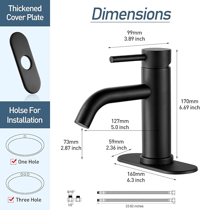 Black Bathroom Faucet Single Hole Bathroom Sink Faucet Vanity Single Handle Matte Black Modern RV Faucet 1 Hole or 3 Hole Deck Plate，Water Supply Lines