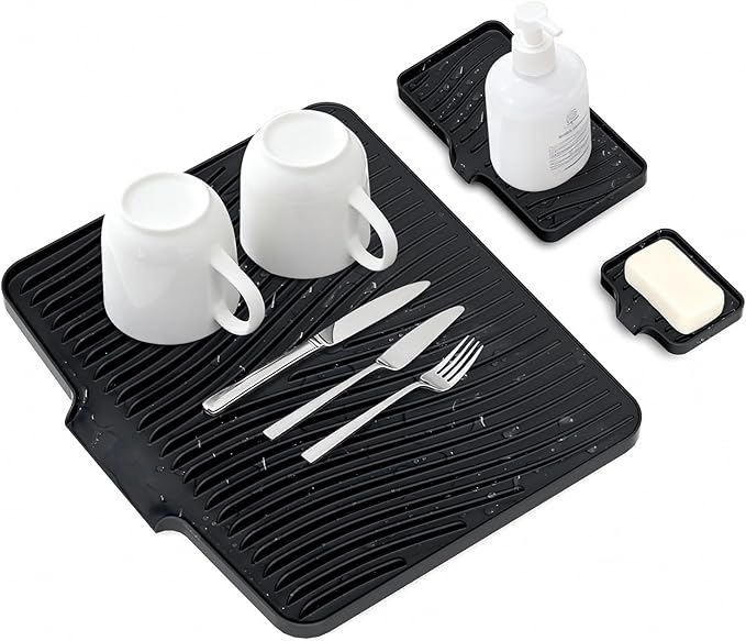 Silicone Dish Drying Mat for Kitchen Counter, Dish Drying Pad, Non-Slip Drain Pad with Built-in Drain, Heat Resistant Stone Drying Mat, Black-1Set