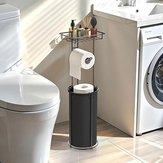 Lewondr Free Standing Toilet Paper Holder, Toilet Paper Holder with Shelf, Bathroom Tissue Roll Storage Rack with Storage Bag for 3 Rolls of Tissue, Black