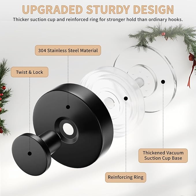 Suction Cup Hooks for Wreaths, 2025 Upgraded Black Wreath Hangers for Front Doors, Strong No-Drill Suction Hooks for Shower/Bathroom/Glass/Mirrors