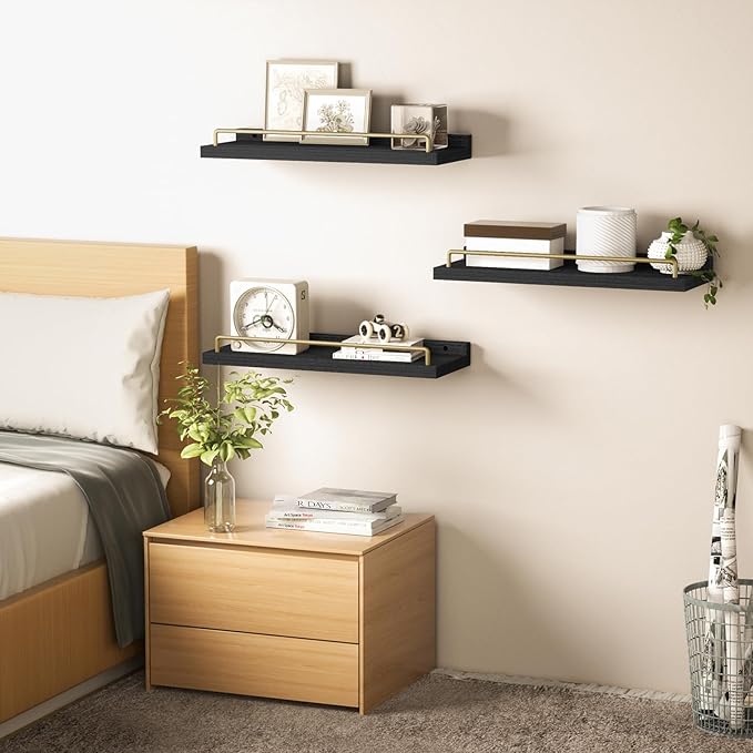 Floating Shelves for Wall Decor, Black and Gold Shelves for Bathroom, Living Room, Bedroom, Picture Frames, Plants, Kitchen (Set of 3)