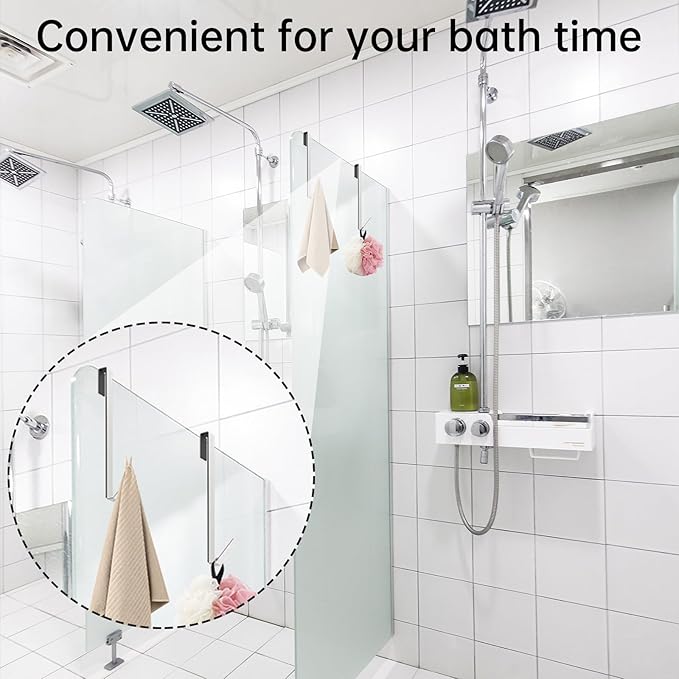 Linone 12 in Shower Door Hooks, Towel Hooks for Bathrooms, Shower Hooks for Towels, Heavy Duty Drilling-Free Extended Over Door Towel Hooks for Frameless Glass Shower Door, 3 Pack