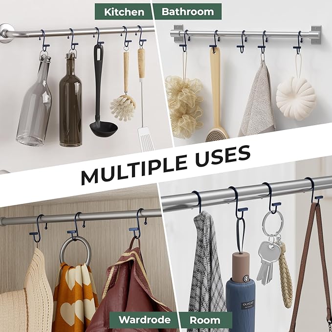 Navy Blue Shower Curtain Hooks, Bathway Shower Curtain Rings Rust Proof, 12PCS Shower Hooks for Shower Curtain, T-Bar Design Convenient Elegant Shower Curtain Hangers for Bathroom Kitchen Wardrobe