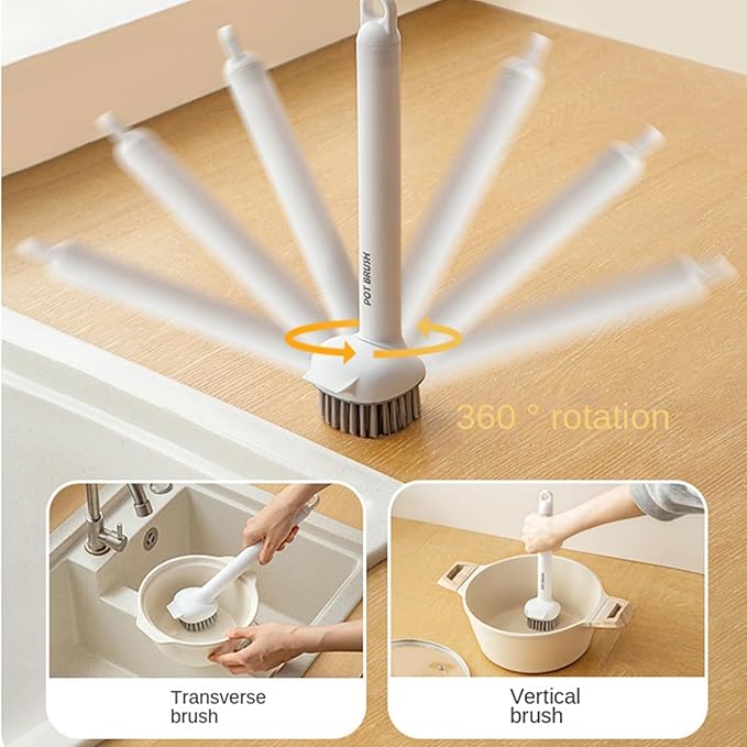 Pot Brush, Easy to Use, 28.5x6.5cm, 360° Rotatable Cleaner, Long Handle Scrub Brush, Multi-Purpose, for Toilet, Bathroom, Shower, Sink, Pan, Skillet, Grout, Tile, Stove, Tub, Home