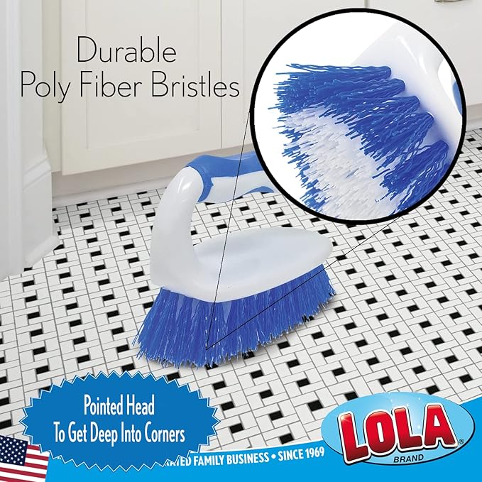 LOLA Iron Shaped Handled Scrub Brush, 6 Pack, Ergonomic Handle, No Slip Grip, Fiber Bristles, Heavy Duty Tile & Floor Cleaner