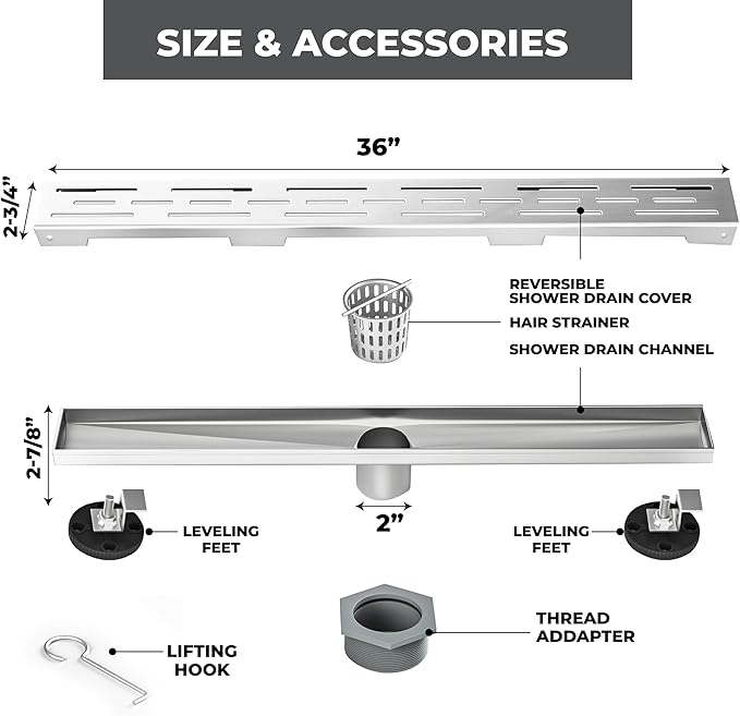 36 Inch Rectangular Linear Shower Drain Set with Brick Pattern Grate, 304 Stainless Steel Bathroom Floor Drain with Hair Catcher, Shower Floor Drain Includes Adjustable Leveling Feet