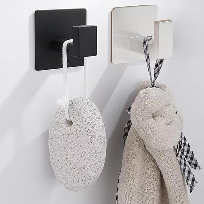 Bath Towel Hooks,10 Pack Self Adhesive Square Coat Hooks, Sturdy No Drilling Robe Hook, Heavy Duty Aluminum Clothes Hanger, Wall Hooks for Bathroom Bedroom Kitchen (2 in, Silver)