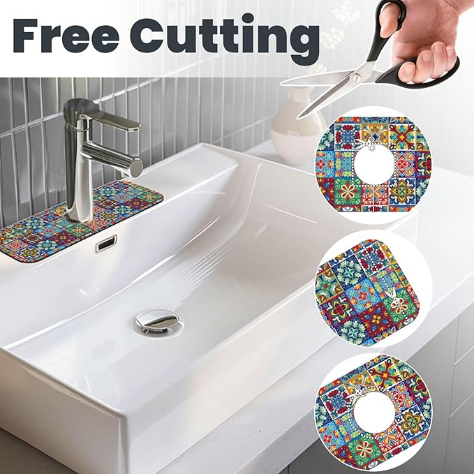 Talavera Mexican Ceramic Tiles Boho Kitchen Sink Splash Guard Faucet Mat 1 Pcs, Absorbent Fast Drying Mat Gadgets Splash Guard For Bathroom 15 X 5.5 Inches