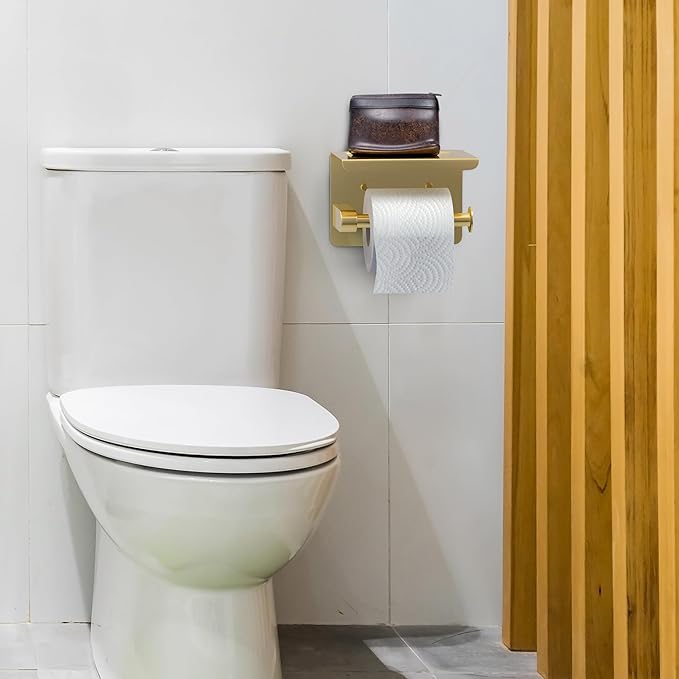 Brushed Gold Toilet Paper Holder with Shelf, SUS304 Stainless Steel Wall Mounted, Dual Installation Adhesive or Screw, Rustproof Modern Bathroom Tissue Roll Holder