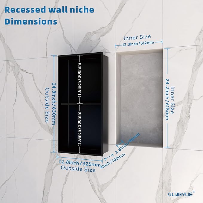Shower Niche Stainless Steel: No Tile Needed Double Layer - 12x24 Inchs Recessed Wall Niches Shelf for Bathroom Storage - Matte Black