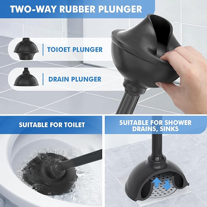 Toilet Plunger and Brush, Bowl Brush and Heavy Duty Toilet Plunger Set with Ventilated Holder, 2-in-1 Toilet Brush and Plunger Combo for Bathroom Cleaning (2, Black)