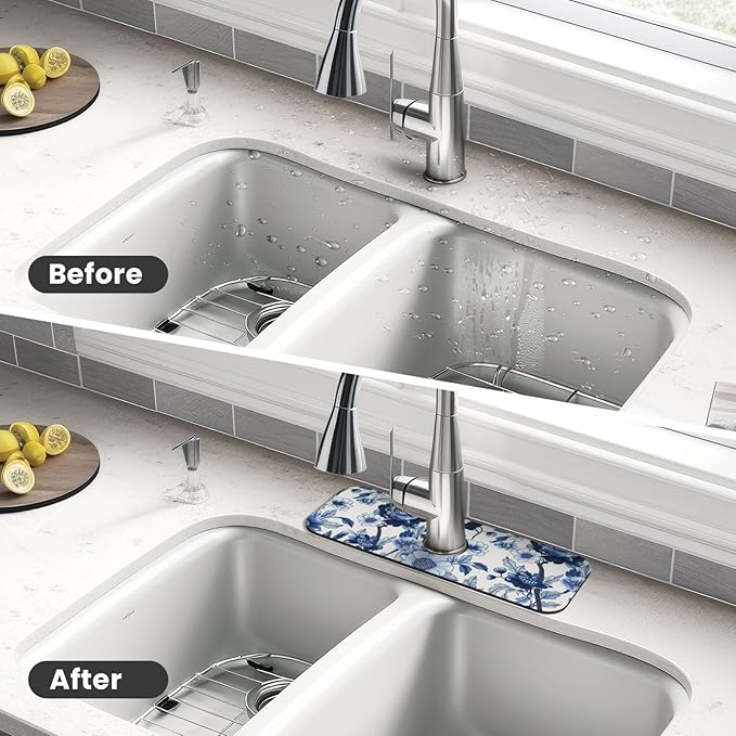 Blue Floral 15" X 5.5" Kitchen Sink Splash Guard, Faucet Guard Draining Mat, Faucet Suction Pad For Kitchen Bathroom