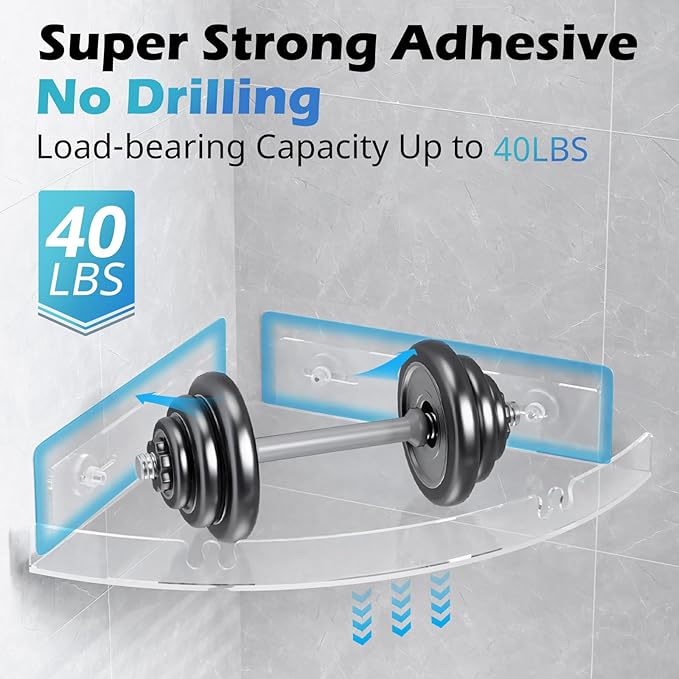 2 Pack Acrylic Corner Shower Caddy, Clear Corner Shower Shelf with 4 Hooks, Adhesive Wall Mounted Bathroom Shower Shelf Organizer for Inside Shower & Kitchen Storage