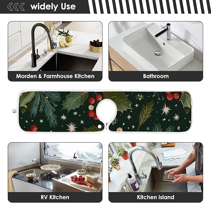 Sink Faucet Absorbing Mat Kitchen Sink Splash Guard Splash Faucet Drip Catcher for Bar RV Bathroom 2PCS 30x5.5in Green Christmas Holly Berries Pine Needles Leaves