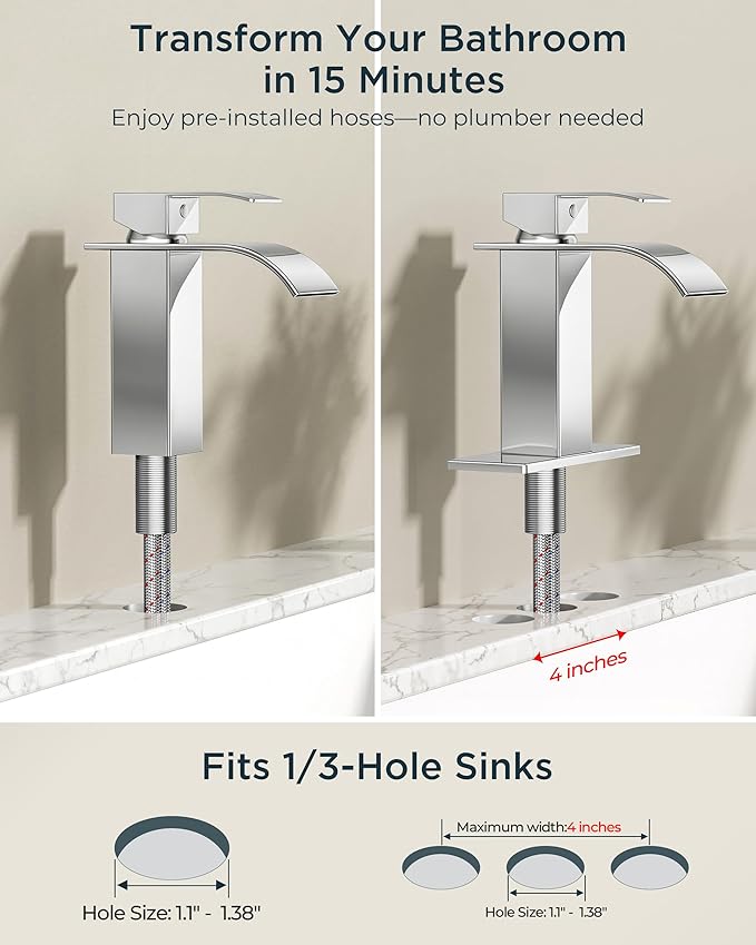 FORIOUS Chrome Waterfall Bathroom Faucets 1 or 3 Hole, Vanity Single Bathroom Sink Faucet with cUPC Supply Line and Pop Up Drain, Suitable for Basin, Rv, Restroom Sink
