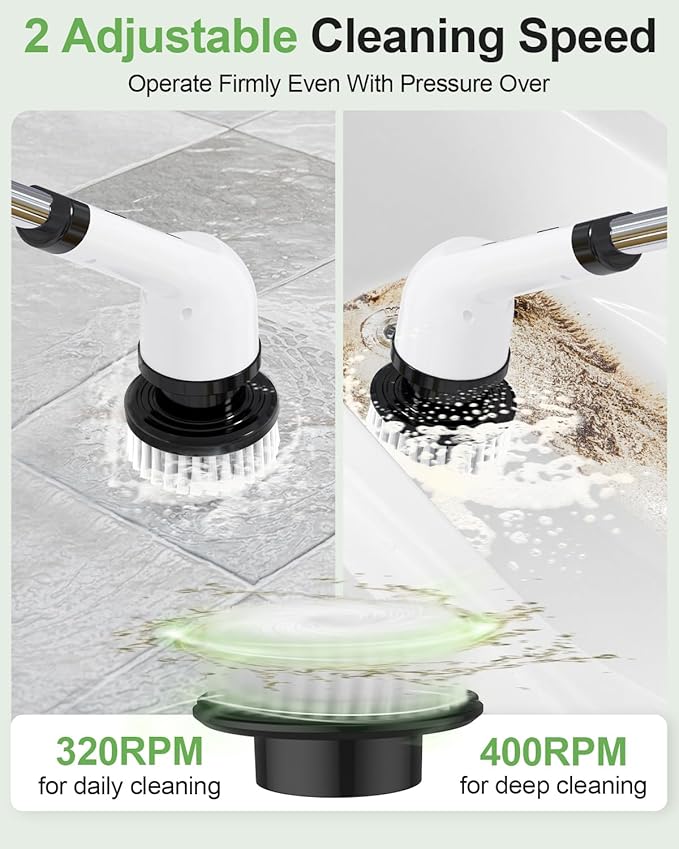 Electric Spin Scrubber, Cordless Cleaning Brush, Shower Scrubber IPX7 Waterproof Bathroom Scrubber, Adjustable Extension Handle, Floor Polishers 7 Heads 2H Power Dual Speed for Floor Car Cleaning.
