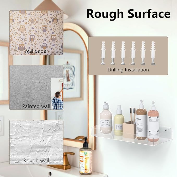 Acrylic Shower Caddy with Soap Dish, 3Pack Clear Adhesive Bathroom Shower Shelves Organizer, Transparent Floating Shelf for Wall Storage Shower Mirror, With Hook