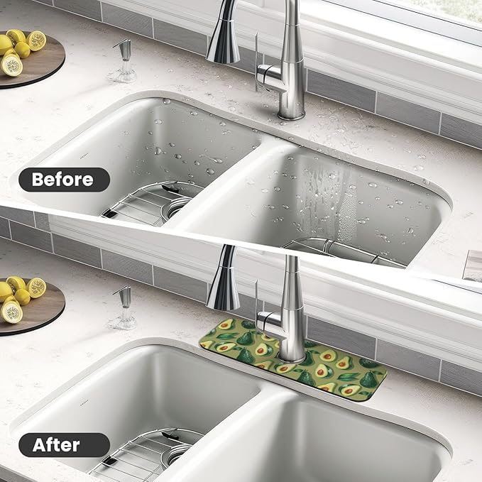 Faucet Draining Mat For Kitchen Sink, Green Avocado Diatom Mud Absorbent Drain Pad For Bathroom Kitchen Sink Splash Guard Drying Mat
