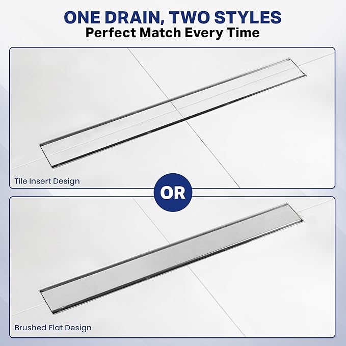 Linear Shower Drain 24 inch with 2-in-1 Flat & Tile Insert Cover - Brushed 304 Stainless Steel Shower Floor Drain - Bathroom Drain with Reversible Cover & Hair Catcher - Includes Cleaning Tools