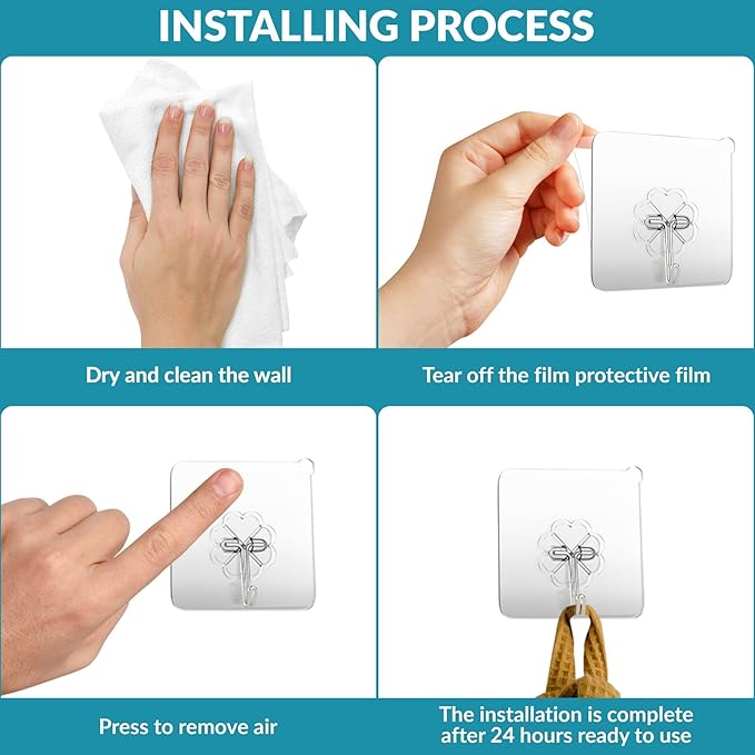 Wall Hooks 33lb(MAX) Heavy Duty Self Adhesive Hooks 10 Pack,Waterproof and Oilproof,Transparent Seamless Hooks Strong,Suitable for Bathroom Kitchen