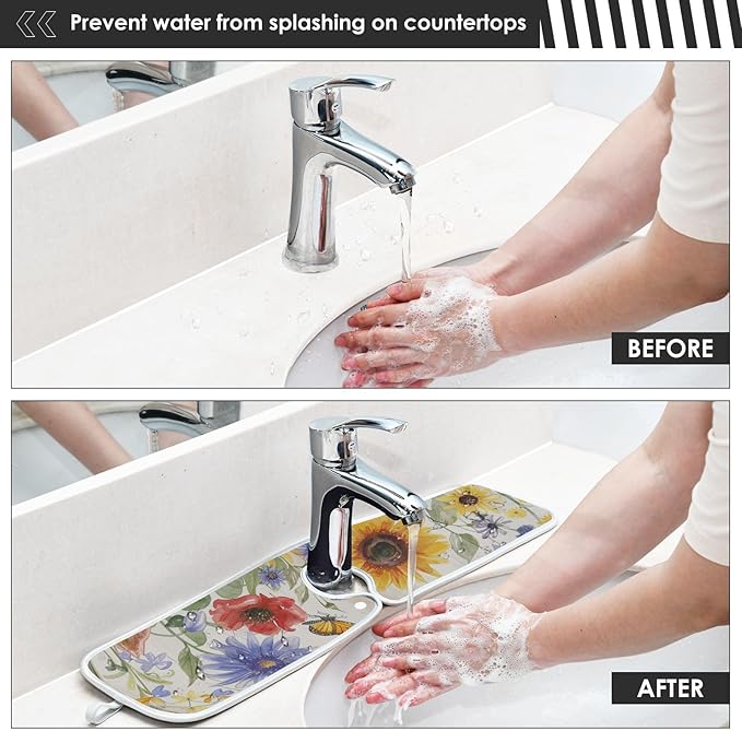 Sink Faucet Absorbing Mat Kitchen Sink Splash Guard Splash Faucet Drip Catcher for Bar RV Bathroom 2PCS 23.6x5.5in Watercolor Cornflower Sunflower