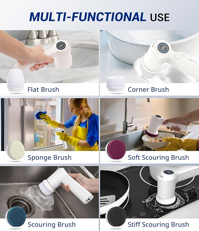 AIRSEE Cordless Electric Spin Scrubber, Handheld Power Shower Cleaner Brush, 2 speeds, 6 Replaceable Brush Heads for Cleaning Floor, Window, Bathroom, Kitchen, for Elderly & Busy Family