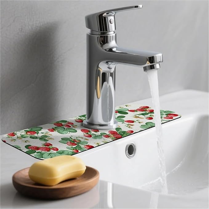 Kitchen Sink Splash Guard，Retro Strawberry Faucet Mat Sink Gadgets-Super Absorbent Fast Drying Mat Drip Catcher for Kitchen, Bathroom,Sink Mat, Dish Drying Mat, Bathroom(15" X 5.5" )