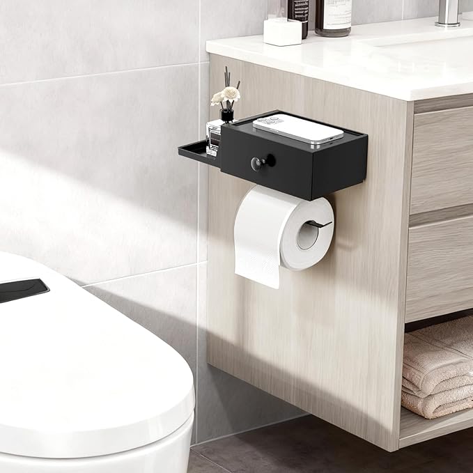 Lifewit Toilet Paper Holder with Shelf and Drawer, Screw or Adhesive Wall Mount Tissue Roll Storage, Dustproof & Flushable Bathroom Wipes Dispenser Organizer, Black, 2 Pack
