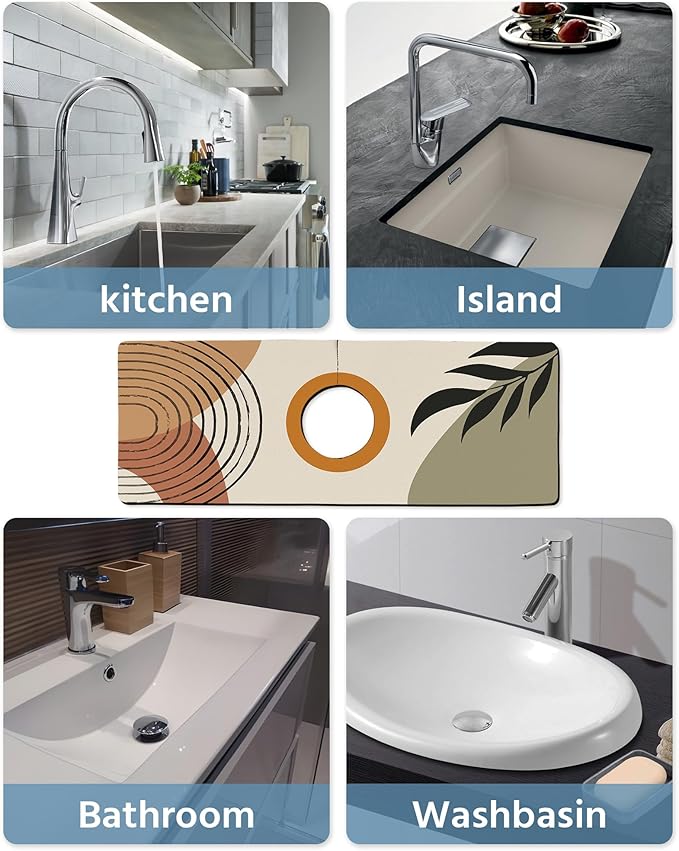 Patterned Sink Faucet Mat Kitchen Splash Guard Super Absorbent Drying Mat, Non-Slip Drain Pad for Kitchen Counter or Bathroom-15x5.5in